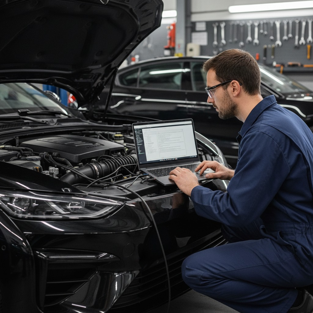 Un mécanicien en combinaison bleue utilise un ordinateur portable pour diagnostiquer le moteur d'une voiture noire dans un atelier.