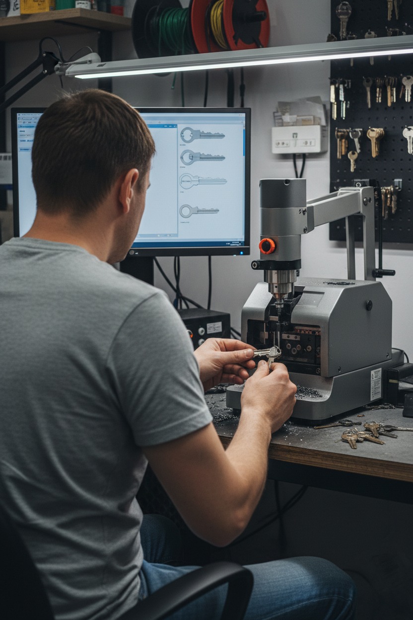 Un serrurier utilise une machine de reproduction pour tailler une clé dans son atelier.