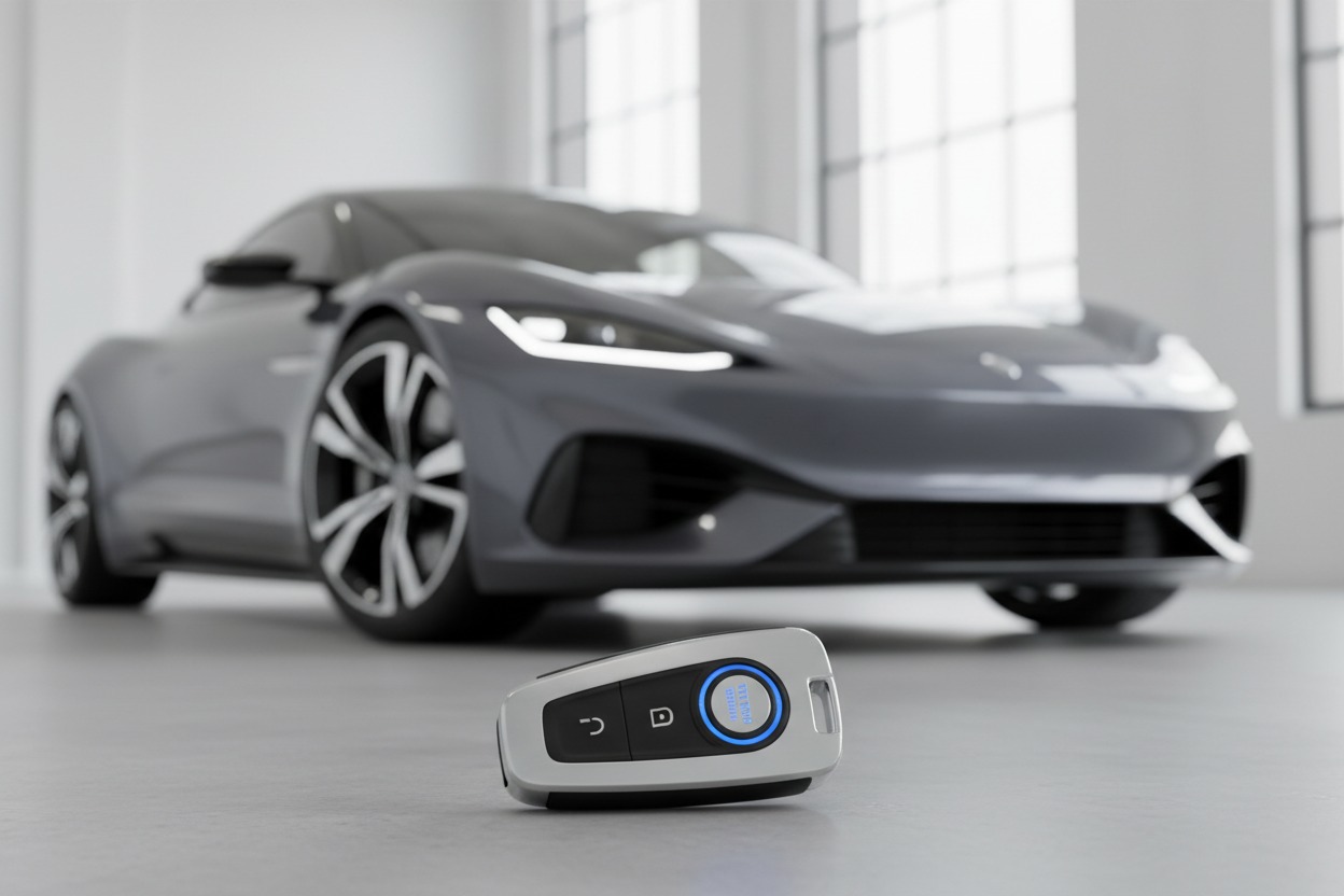 Une clé de voiture moderne est posée sur le sol devant une voiture de sport grise floue dans un garage lumineux.